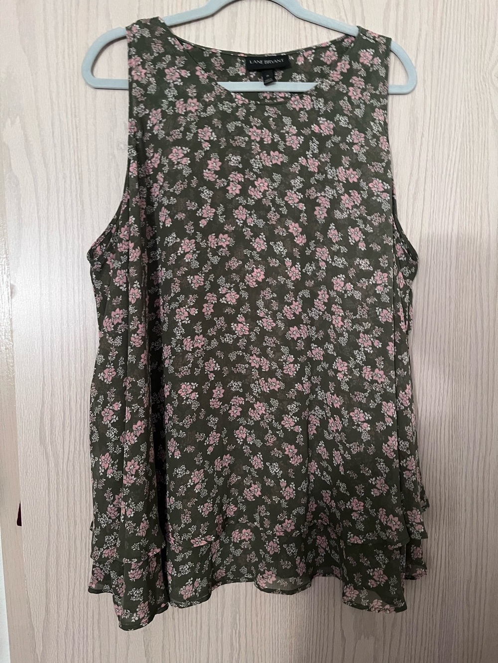 Lane Bryant Olive Green Floral Sleeveless Tank with Pink Blooms